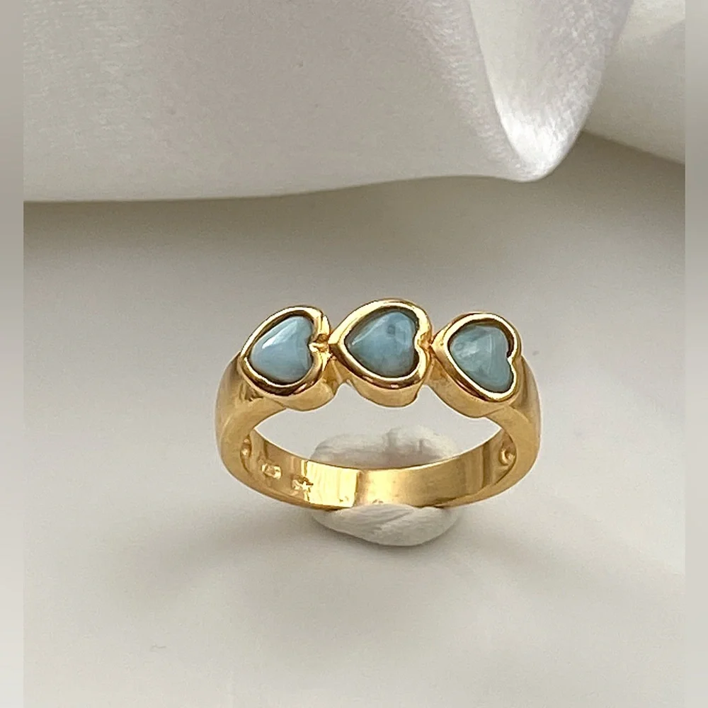 R45-High Quality Natural Caribbean Larimar 3 Hearts S925 Ring Size 8 - Picture 3 of 7